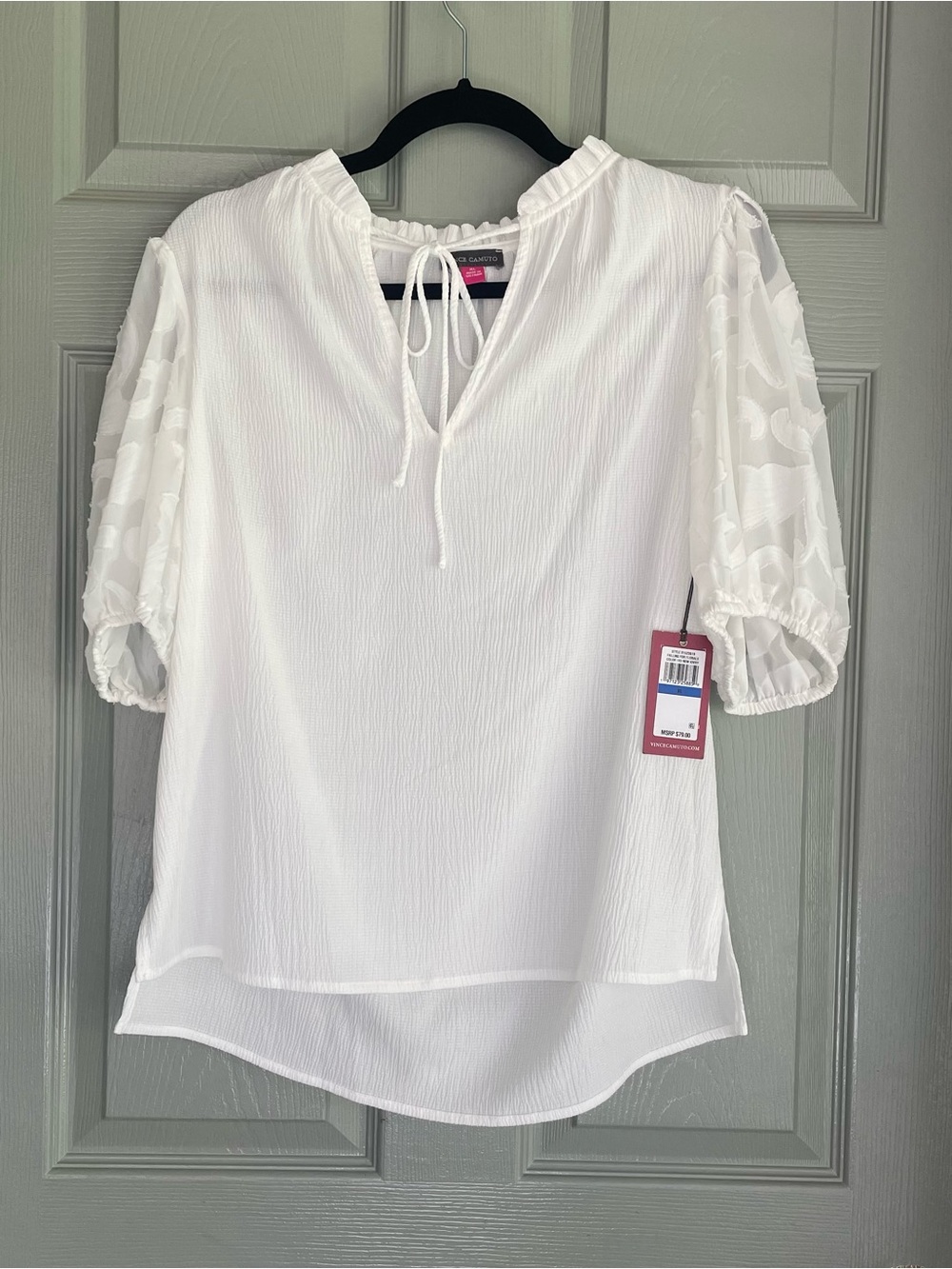 NWT Vince Camuto White Tie-Neck Puff Sleeve Sheer Blouse Size XL